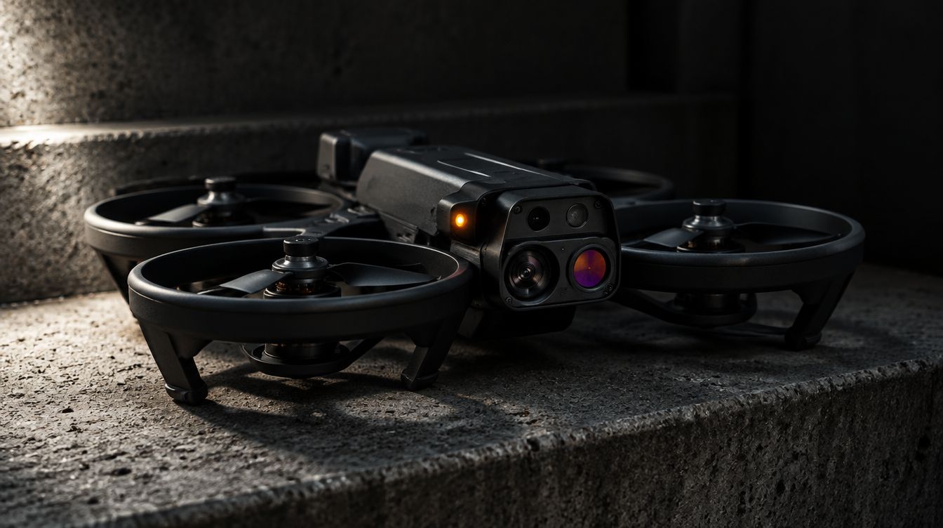 A compact black drone with enclosed propellers and a sensor head resting on a concrete step