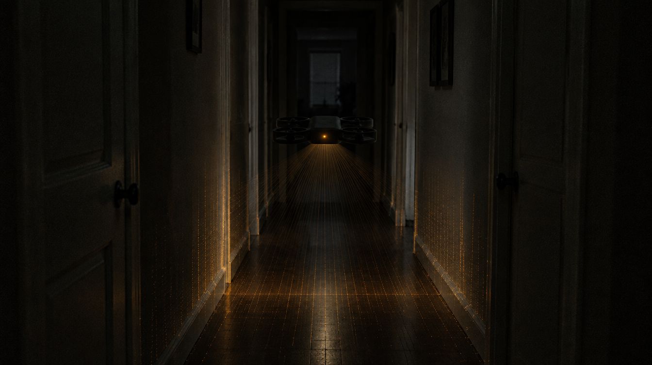 A small drone hovering in a dark corridor, projecting a fan of light onto floor and walls
