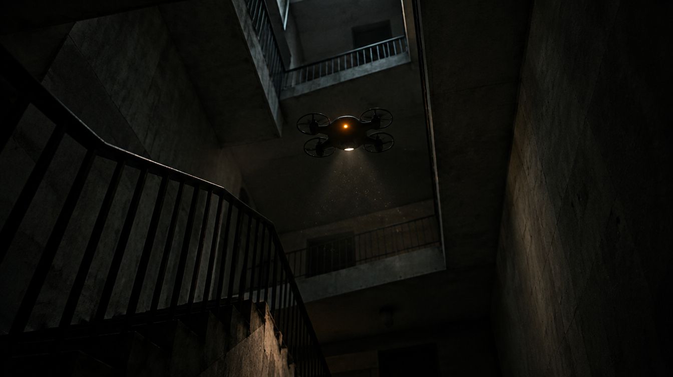 A small drone hovering between floors in a dark concrete stairwell, lit only by its own amber light